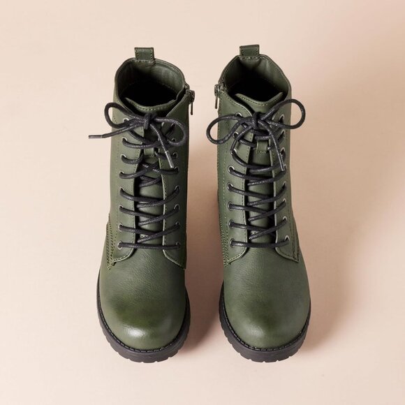 ⚡Women Green Faux Buffalo Grain Leather Metal Eyelet Lug-sole Combat Boot - Picture 5 of 6